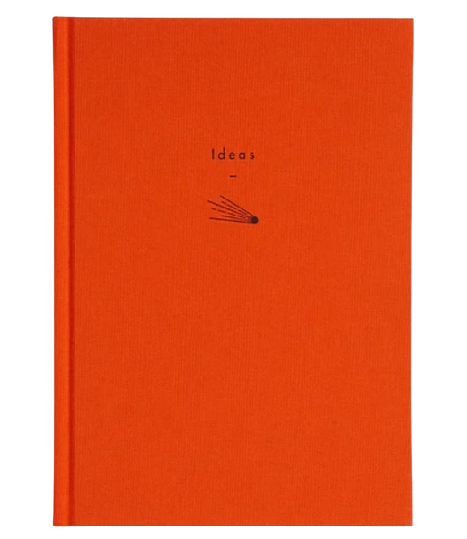 Orange notebook with 'Ideas' text and pencil icon on a white background