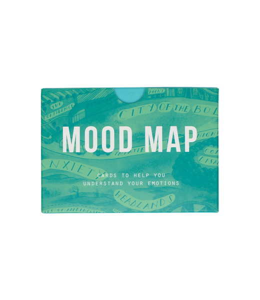 Packaging for 'Mood Map' cards featuring text on a teal background with graphical elements.